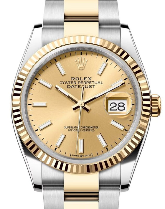 Rolex Datejust 36 Yellow Gold/Steel Champagne Index Dial & Fluted Bezel Oyster Bracelet 126233