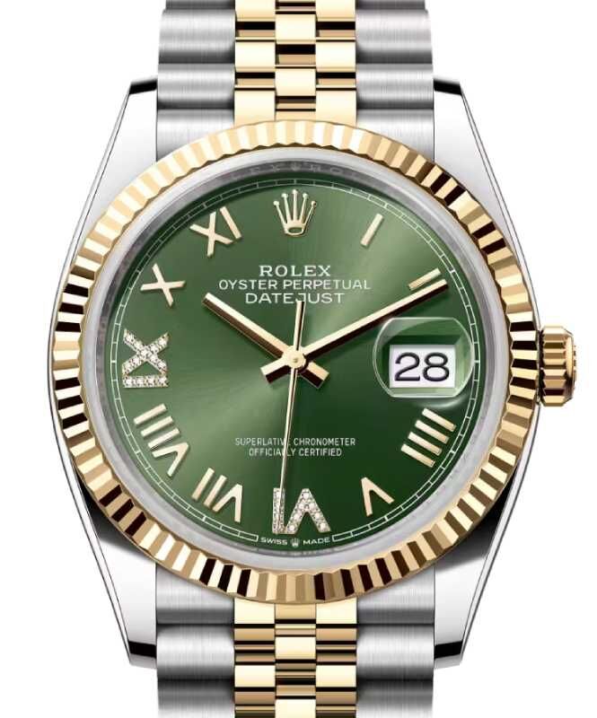 Rolex Datejust 36 Yellow Gold/Steel New Olive Green Roman Diamond VIIX Dial & Fluted Bezel Jubilee Bracelet 126233