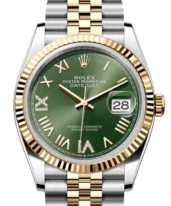Rolex Datejust 36 Yellow Gold/Steel New Olive Green Roman Diamond VIIX Dial & Fluted Bezel Jubilee Bracelet 126233