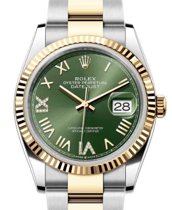 Rolex Datejust 36 Yellow Gold/Steel New Olive Green Roman Diamond VIIX Dial & Fluted Bezel Oyster Bracelet 126233