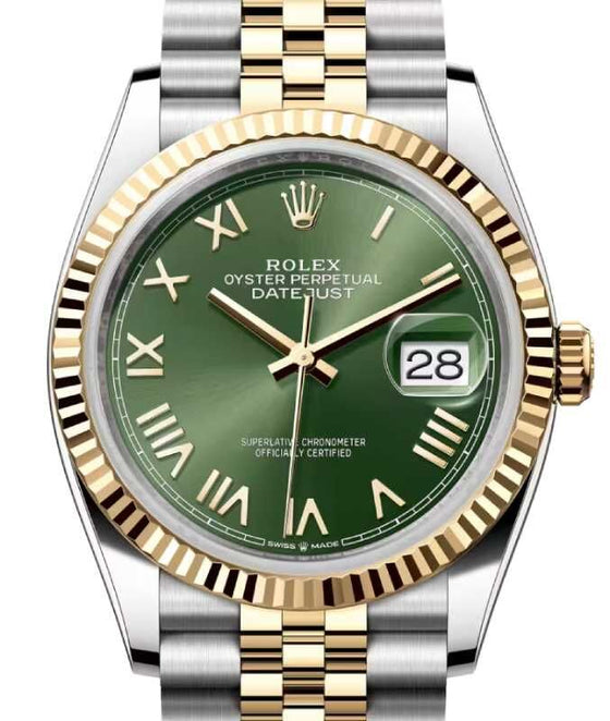 Rolex Datejust 36 Yellow Gold/Steel Olive Green Roman Dial Fluted Bezel Jubilee Bracelet 126233