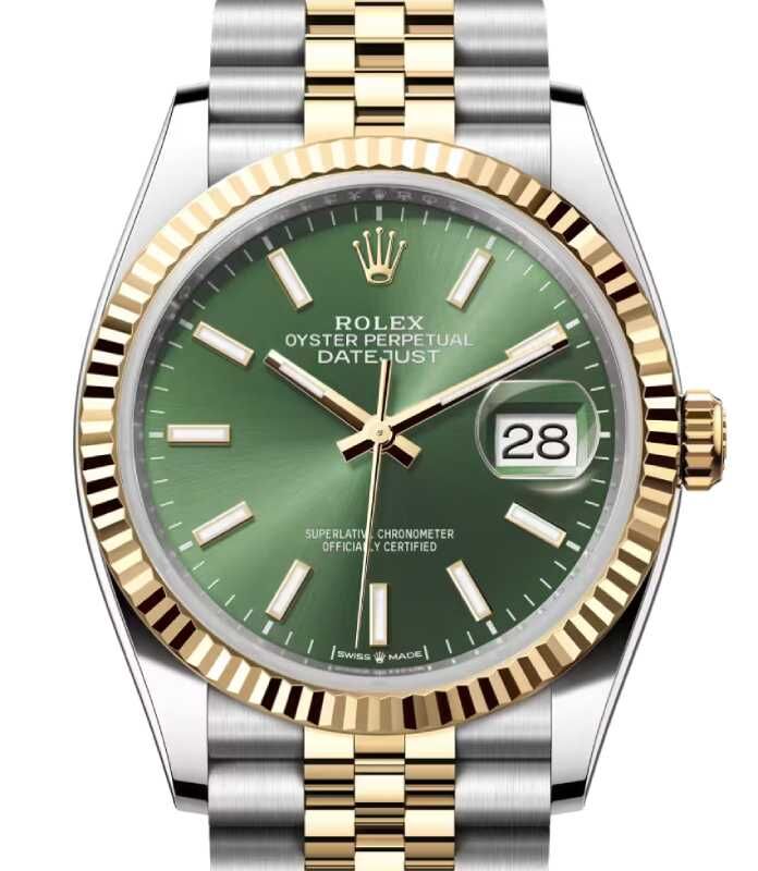 Rolex Datejust 36 Yellow Gold/Steel Olive Green Index Dial Fluted Bezel Jubilee Bracelet 126233
