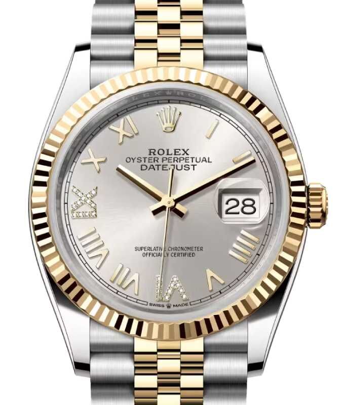 Rolex Datejust 36 Yellow Gold/Steel New Silver Roman Diamond VIIX Dial & Fluted Bezel Jubilee Bracelet 126233