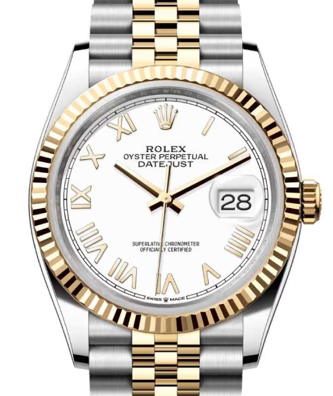 Rolex Datejust 36 Yellow Gold/Steel New White Roman Dial Fluted Bezel Jubilee Bracelet 126233