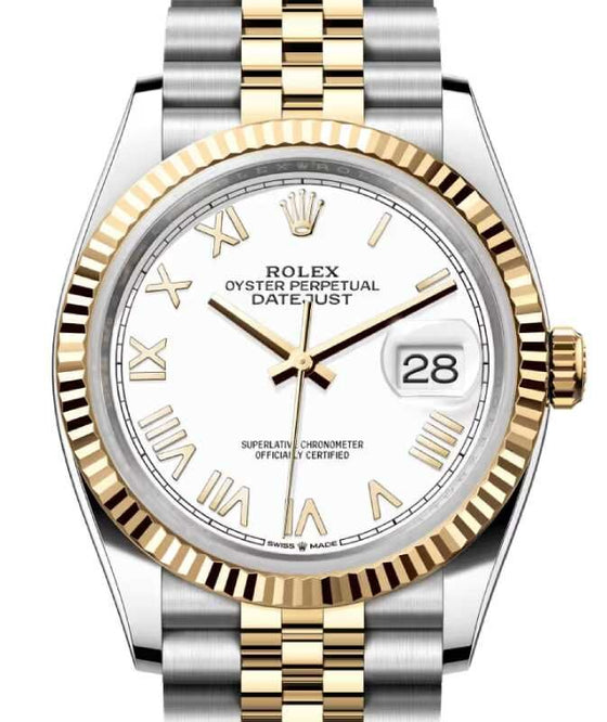 Rolex Datejust 36 Yellow Gold/Steel New White Roman Dial Fluted Bezel Jubilee Bracelet 126233