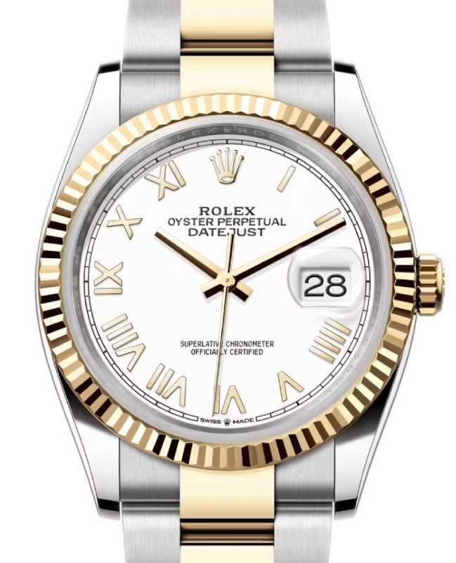 Rolex Datejust 36 Yellow Gold/Steel New White Roman Dial & Fluted Bezel Oyster Bracelet 126233