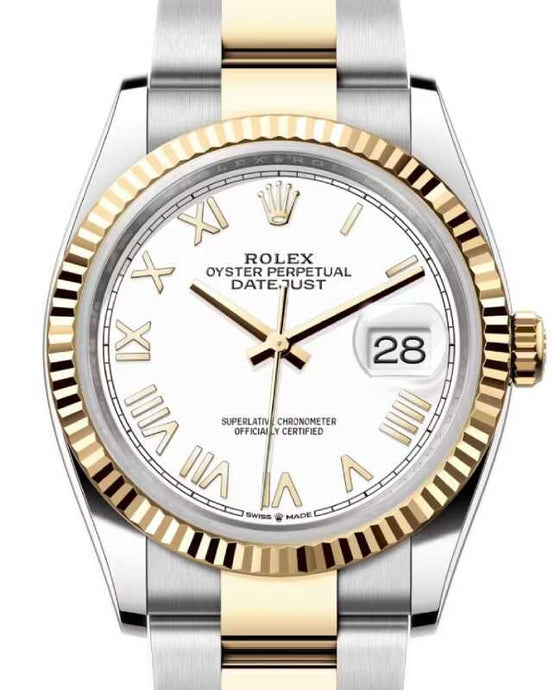 Rolex Datejust 36 Yellow Gold/Steel New White Roman Dial & Fluted Bezel Oyster Bracelet 126233