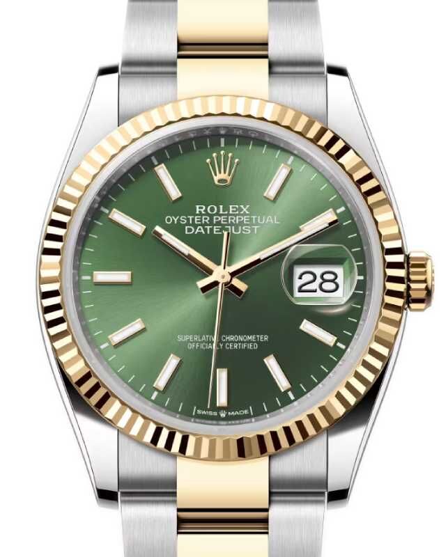 Rolex Datejust 36 Yellow Gold/Steel Olive Green Index Dial & Fluted Bezel Oyster Bracelet 126233