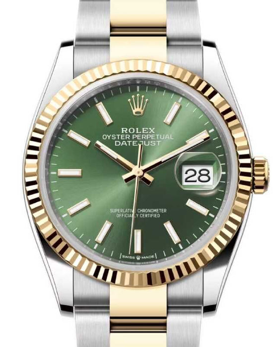 Rolex Datejust 36 Yellow Gold/Steel Olive Green Index Dial & Fluted Bezel Oyster Bracelet 126233