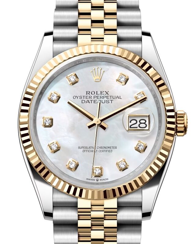 Rolex Datejust 36 Yellow Gold/Steel White Mother of Pearl Diamond Dial & Fluted Bezel Jubilee Bracelet 126233
