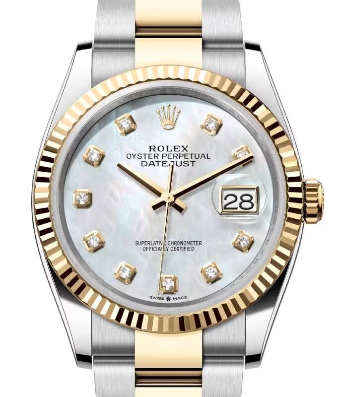 Rolex Datejust 36 Yellow Gold/Steel White Mother of Pearl Diamond Dial & Fluted Bezel Oyster Bracelet 126233