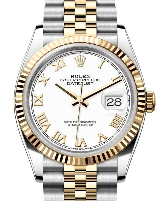 Rolex Datejust 36 Yellow Gold/Steel White Roman Dial & Fluted Bezel Jubilee Bracelet 126233