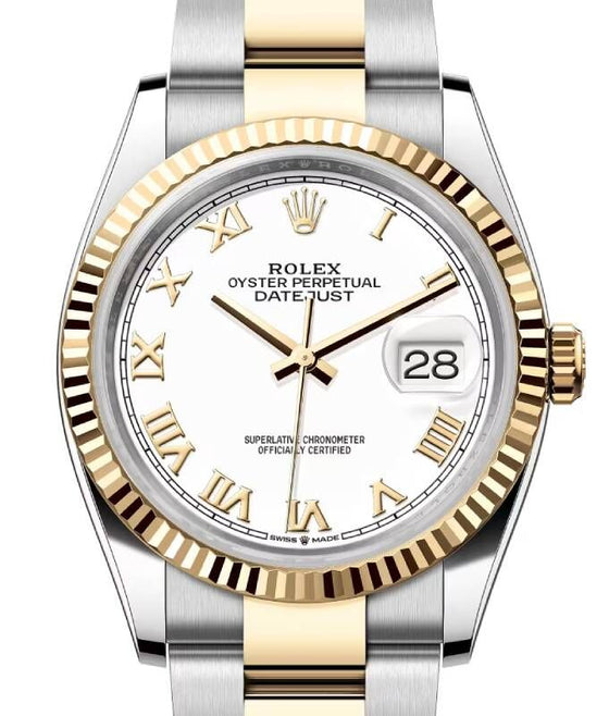 Rolex Datejust 36 Yellow Gold/Steel White Roman Dial & Fluted Bezel Oyster Bracelet 126233