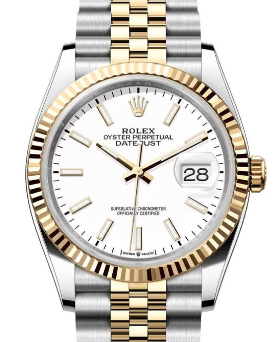 Rolex Datejust 36 Yellow Gold/Steel White Index Dial & Fluted Bezel Jubilee Bracelet 126233