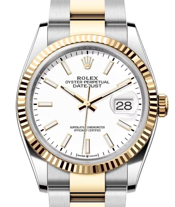 Rolex Datejust 36 Yellow Gold/Steel White Index Dial & Fluted Bezel Oyster Bracelet 126233