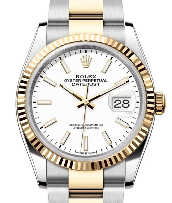 Rolex Datejust 36 Yellow Gold/Steel White Index Dial & Fluted Bezel Oyster Bracelet 126233