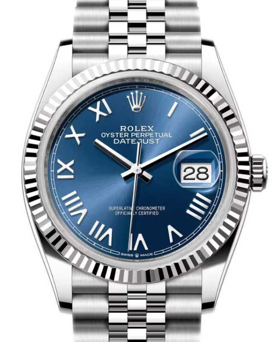 Rolex Datejust 36 White Gold/Steel Bright Blue Roman Dial & Fluted Bezel Jubilee Bracelet 126234