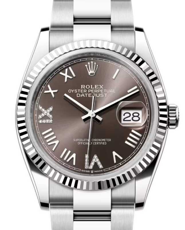 Rolex Datejust 36 White Gold/Steel Dark Grey Roman VI/IX Diamond Dial & Fluted Bezel Oyster Bracelet 126234