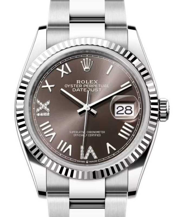 Rolex Datejust 36 White Gold/Steel Dark Grey Roman VI/IX Diamond Dial & Fluted Bezel Oyster Bracelet 126234