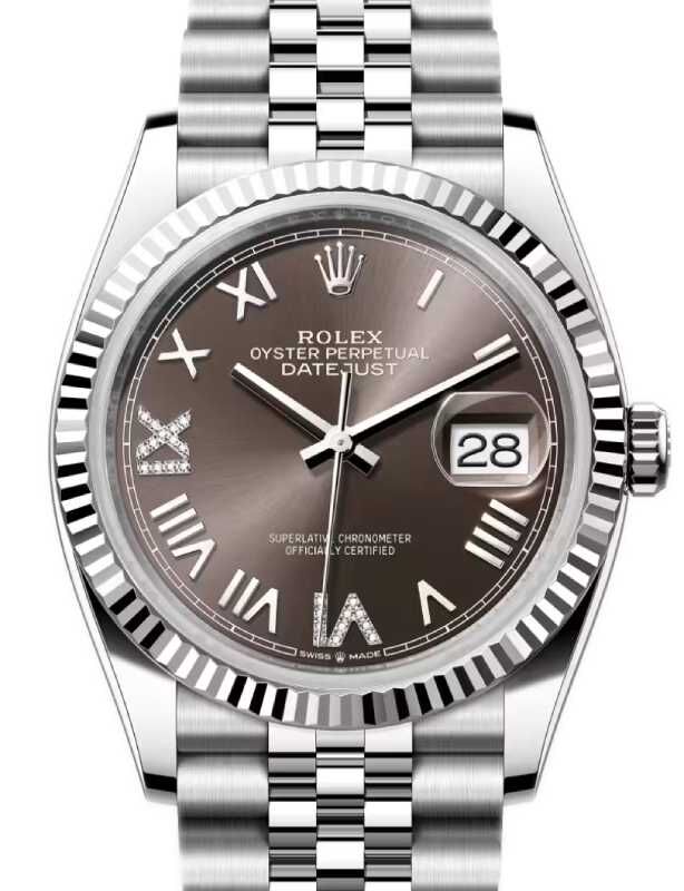 Rolex Datejust 36 White Gold/Steel Dark Grey Roman & Diamond Dial & Fluted Bezel Jubilee Bracelet 126234