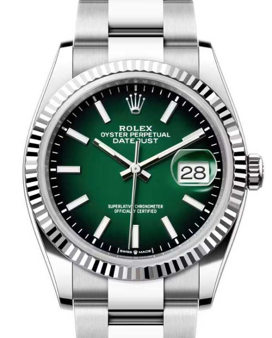 Rolex Datejust 36 White Gold/Steel Green Ombre Index Dial & Fluted Bezel Oyster Bracelet 126234