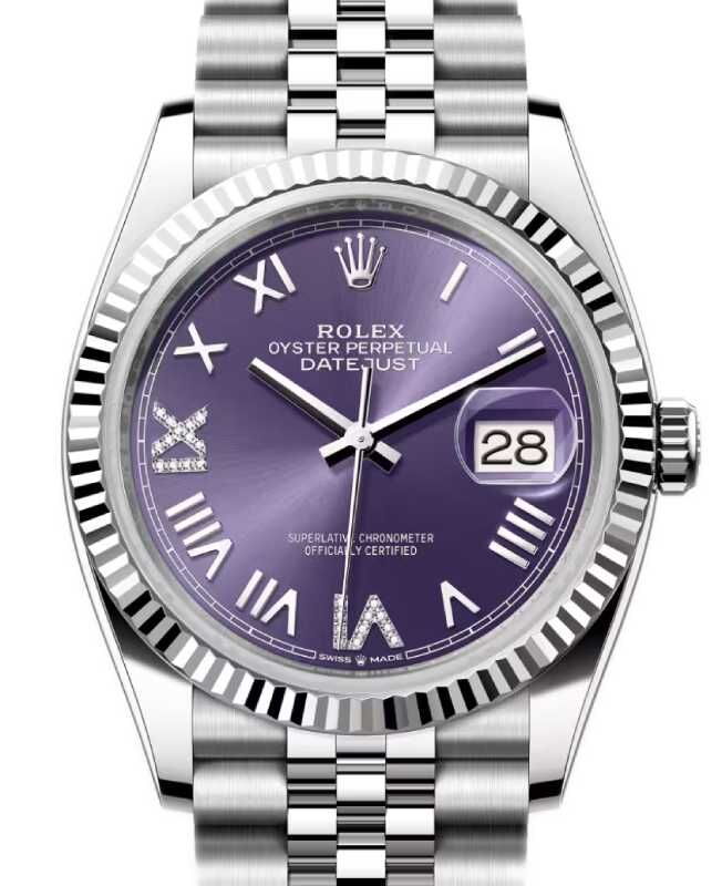 Rolex Datejust 36 White Gold/Steel New Aubergine Roman/Diamond Dial & Fluted Bezel Jubilee Bracelet 126234