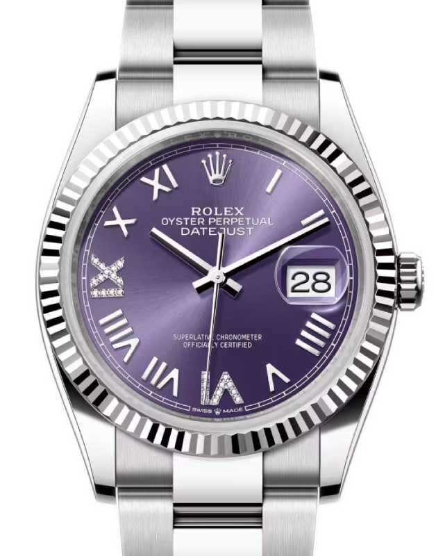 Rolex Datejust 36 White Gold/Steel New Aubergine Roman VI/IX Diamond Dial & Fluted Bezel Oyster Bracelet 126234