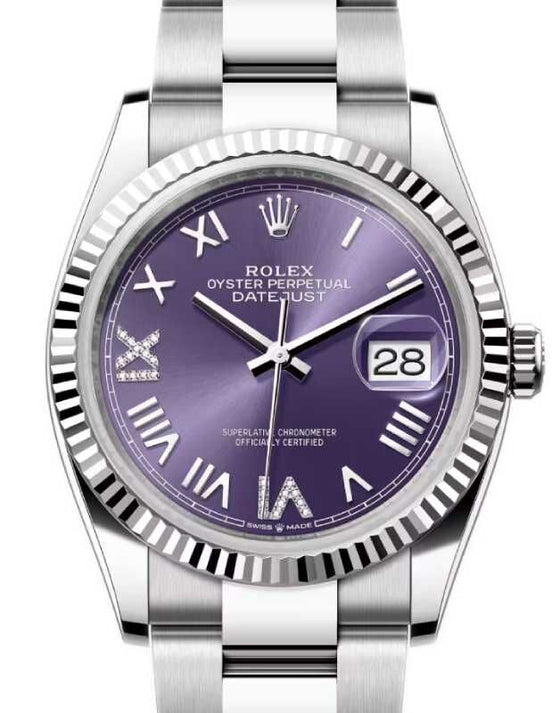 Rolex Datejust 36 White Gold/Steel New Aubergine Roman VI/IX Diamond Dial & Fluted Bezel Oyster Bracelet 126234