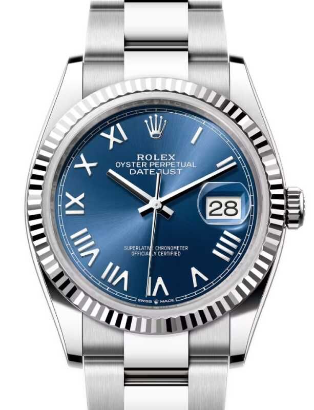 Rolex Datejust 36 White Gold/Steel Bright Blue Roman Dial & Fluted Bezel Oyster Bracelet 126234