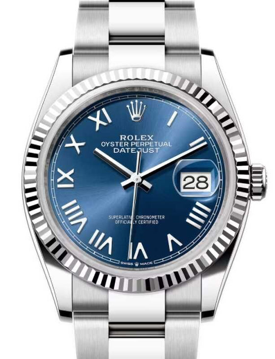 Rolex Datejust 36 White Gold/Steel Bright Blue Roman Dial & Fluted Bezel Oyster Bracelet 126234