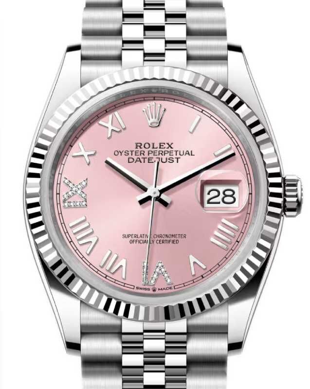 Rolex Datejust 36 White Gold/Steel New Pink Roman/Diamond Dial & Fluted Bezel Jubilee Bracelet 126234