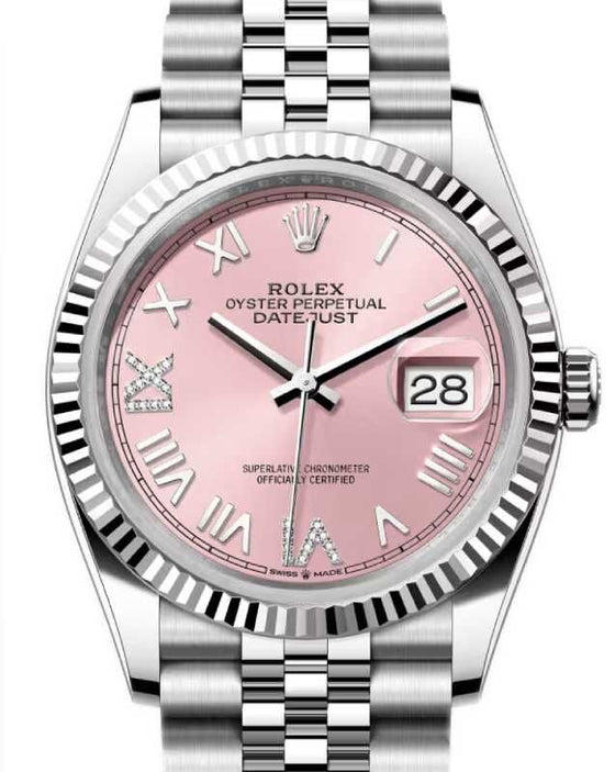 Rolex Datejust 36 White Gold/Steel New Pink Roman/Diamond Dial & Fluted Bezel Jubilee Bracelet 126234