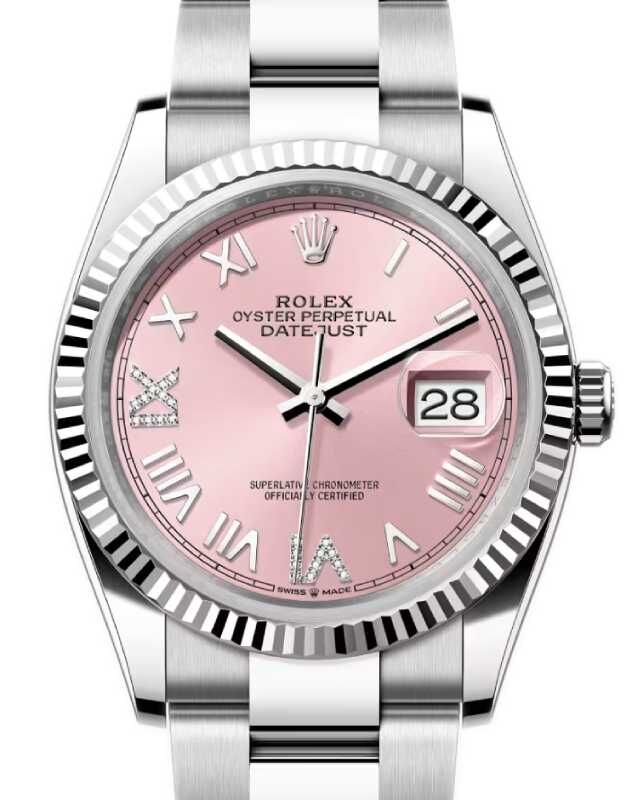 Rolex Datejust 36 White Gold/Steel New Pink Roman VI/IX Diamond Dial & Fluted Bezel Oyster Bracelet 126234