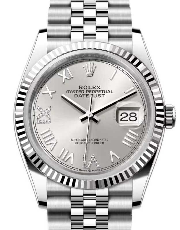 Rolex Datejust 36 White Gold/Steel New Silver Roman/Diamond Dial & Fluted Bezel Jubilee Bracelet 126234