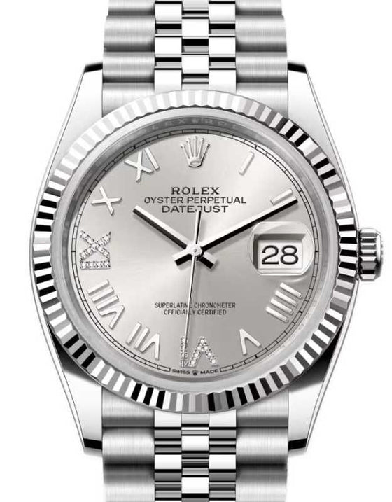 Rolex Datejust 36 White Gold/Steel New Silver Roman/Diamond Dial & Fluted Bezel Jubilee Bracelet 126234