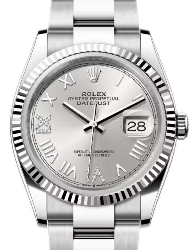 Rolex Datejust 36 White Gold/Steel New Silver Roman VI/IX Diamond Dial & Fluted Bezel Oyster Bracelet 126234