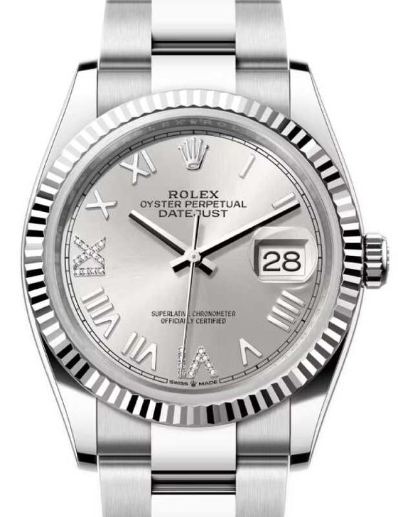 Rolex Datejust 36 White Gold/Steel New Silver Roman VI/IX Diamond Dial & Fluted Bezel Oyster Bracelet 126234