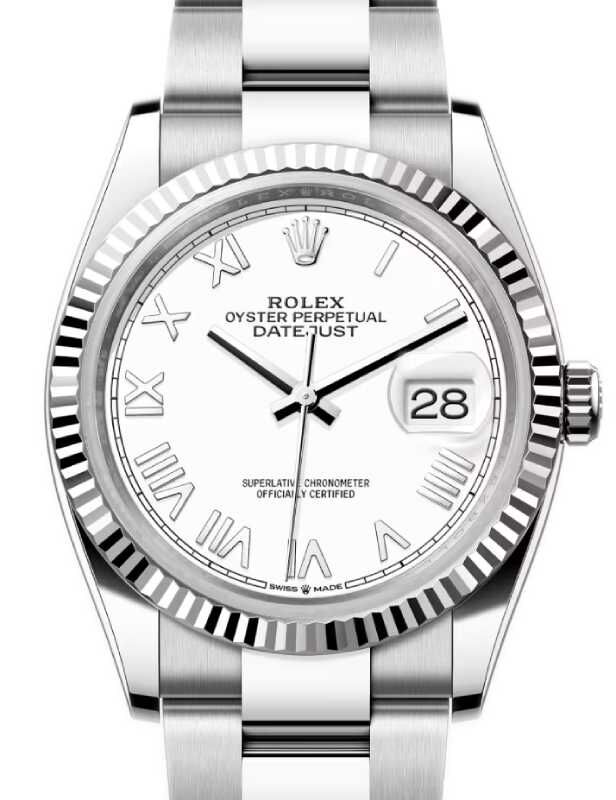 Rolex Datejust 36 White Gold/Steel White New Roman Dial & Fluted Bezel Oyster Bracelet 126234