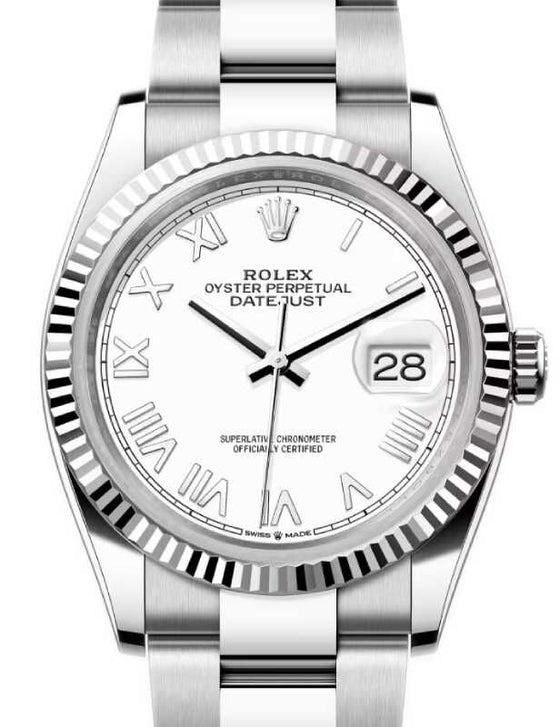 Rolex Datejust 36 White Gold/Steel White New Roman Dial & Fluted Bezel Oyster Bracelet 126234