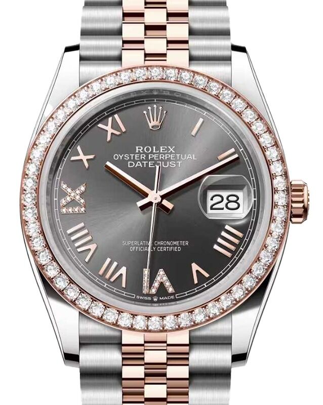 Rolex Datejust 36 Rose Gold/Steel New Slate Roman Diamond VIIX Dial & Bezel Jubilee Bracelet 126281RBR