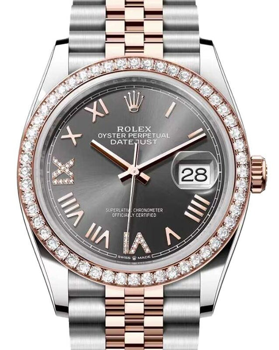 Rolex Datejust 36 Rose Gold/Steel New Slate Roman Diamond VIIX Dial & Bezel Jubilee Bracelet 126281RBR