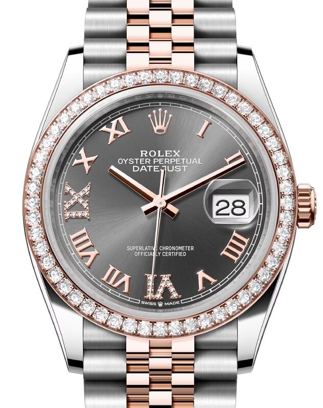 Rolex Datejust 36 Rose Gold/Steel Slate Roman Diamond VIIX Dial & Diamond Bezel Jubilee Bracelet 126281RBR