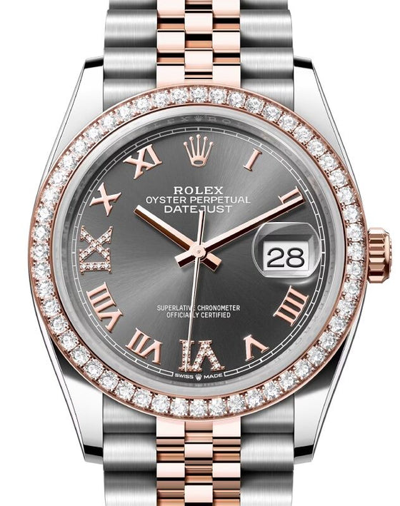 Rolex Datejust 36 Rose Gold/Steel Slate Roman Diamond VIIX Dial & Diamond Bezel Jubilee Bracelet 126281RBR
