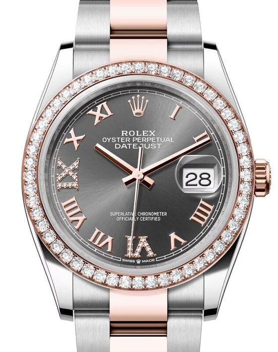 Rolex Datejust 36 Rose Gold/Steel Slate Roman Diamond VIIX Dial & Diamond Bezel Oyster Bracelet 126281RBR