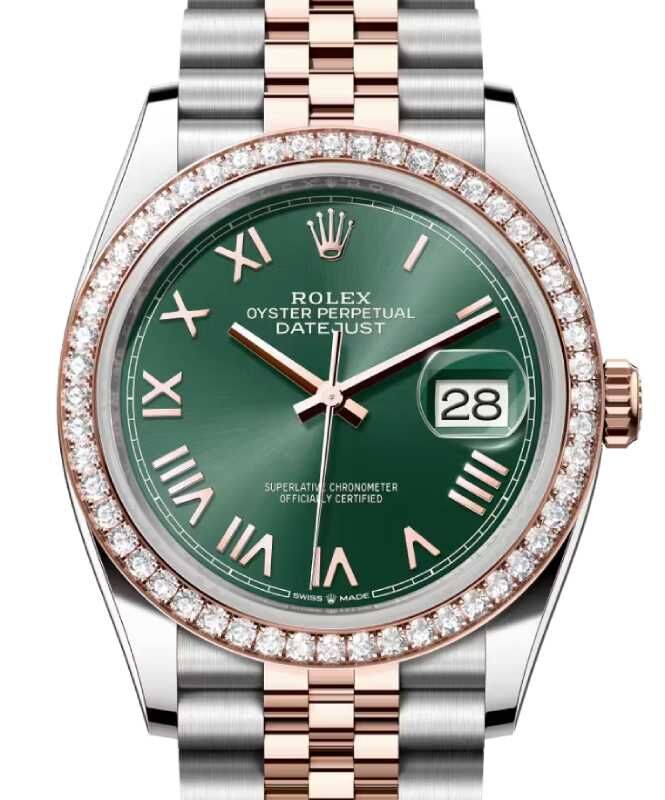 Rolex Datejust 36 Rose Gold/Steel Mint Green Roman Dial & Diamond Bezel Jubilee Bracelet 126281RBR