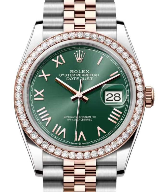 Rolex Datejust 36 Rose Gold/Steel Mint Green Roman Dial & Diamond Bezel Jubilee Bracelet 126281RBR