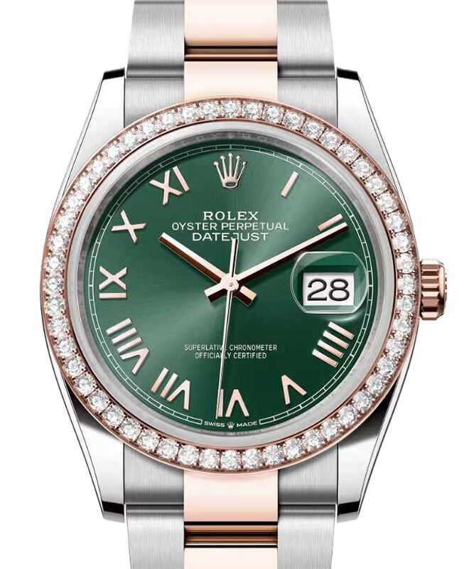 Rolex Datejust 36 Rose Gold/Steel Mint Green Roman Dial & Diamond Bezel Oyster Bracelet 126281RBR