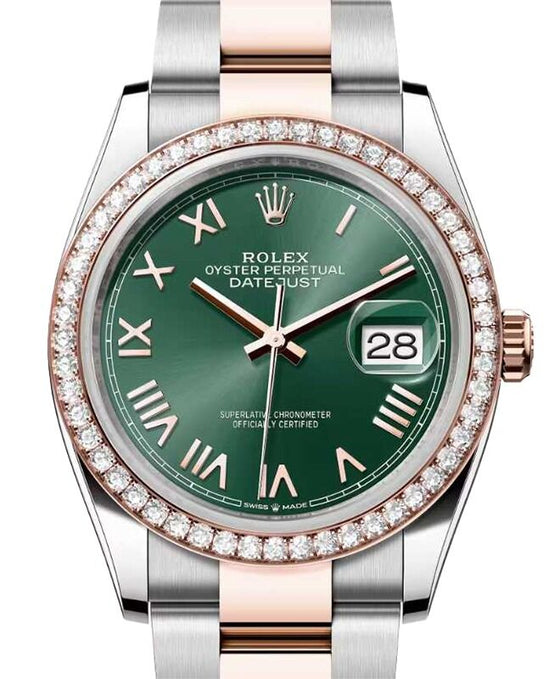 Rolex Datejust 36 Rose Gold/Steel Mint Green Roman Dial & Diamond Bezel Oyster Bracelet 126281RBR
