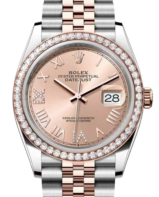 Rolex Datejust 36 Rose Gold/Steel New Rose Roman Diamond VIIX Dial & Bezel Jubilee Bracelet 126281RBR