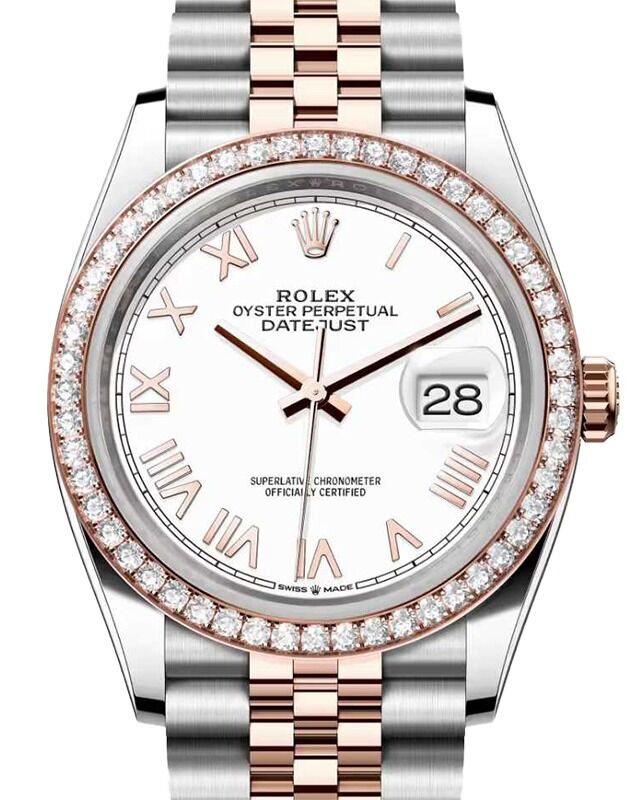 Rolex Datejust 36 Rose Gold/Steel New White Roman Dial & Diamond Bezel Jubilee Bracelet 126281RBR